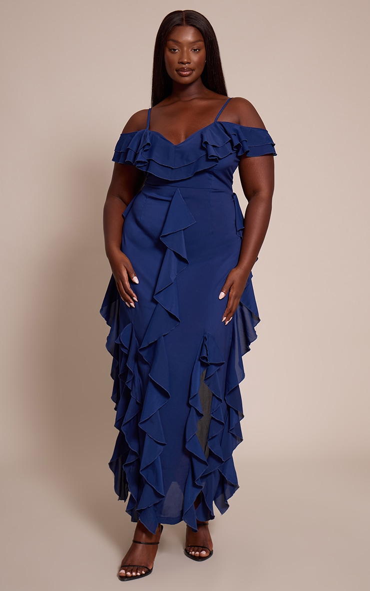 Plus Navy Cold Shoulder Ruffle Detail Strappy Maxi Dress image 1