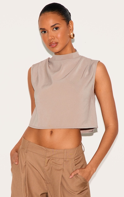 Top tissé gris champignon plissé à épaules carrées