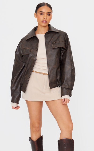 Cocoa Faux Leather Barrel Sleeve Zip Up Jacket