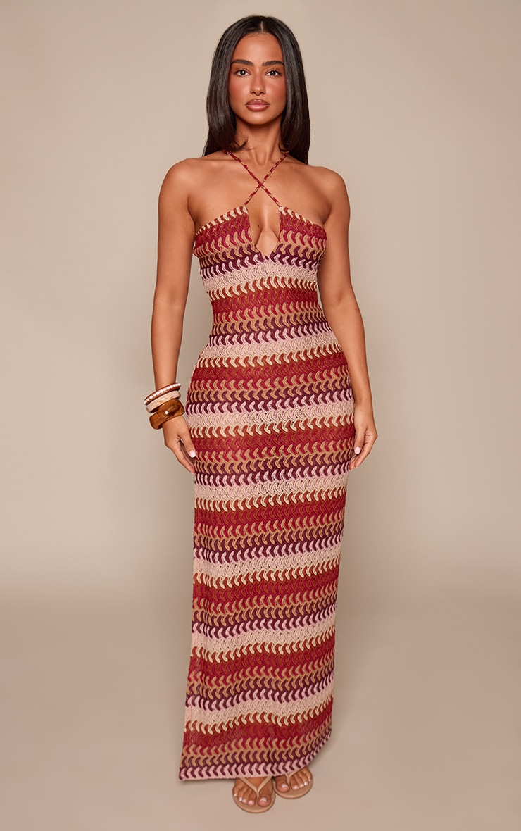 Petite Pink Stripe V Neck Crochet Strappy Maxi Dress
