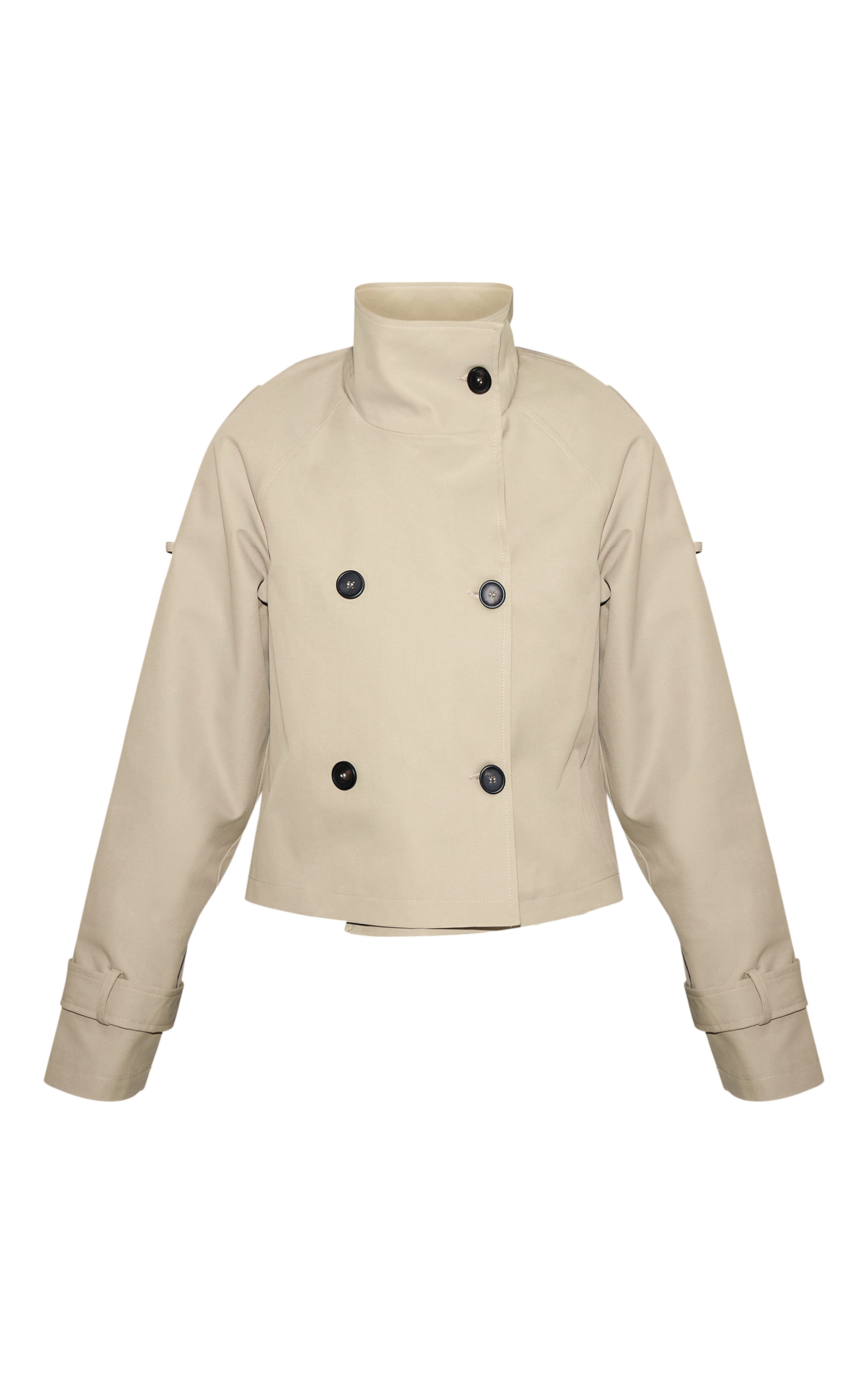 Beige Double Breasted Funnel Neck Cropped Trench Coat image 5
