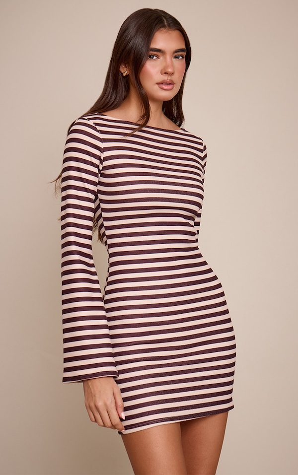 Chocolate Brushed Rib Striped Long Sleeve Mini Dress