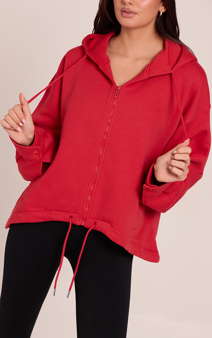 Red Oversized Zip Up Toggle Waist Hoodie image 4