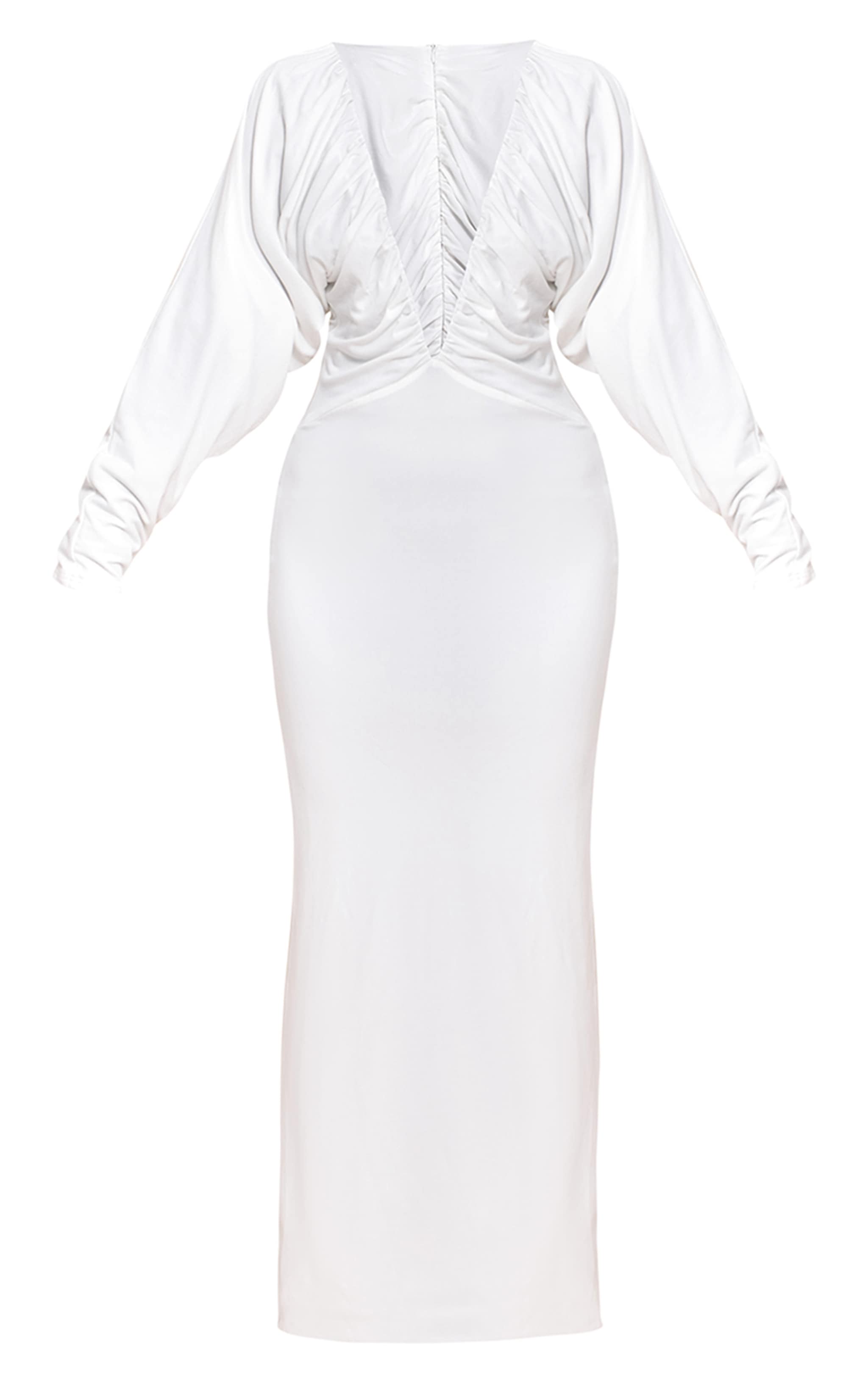 PLT Label White Slinky Ruched Plunge Batwing Maxi Dress image 6