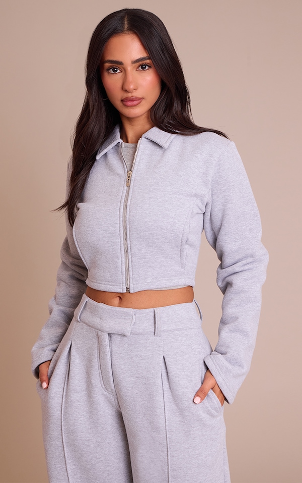 Petite Grey Marl Cropped Zip Through Collared Sweatshirt