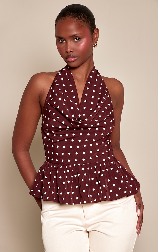 Chocolate Polka Dot Chiffon Halterneck Top