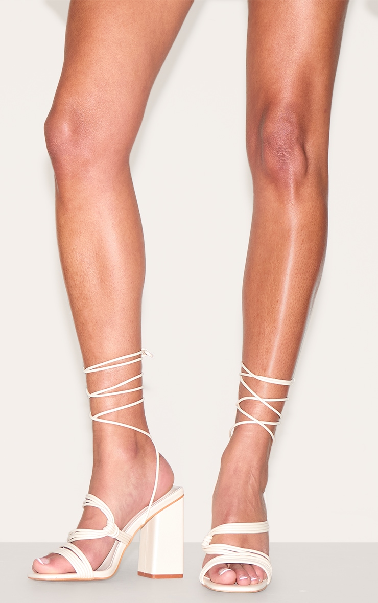 Cream PU Square Toe Strappy Lace Up Block Heeled Sandals image 5