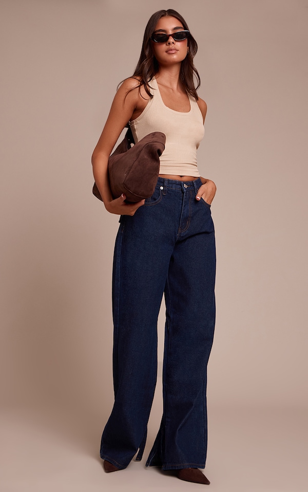Jean boyfriend indigo à taille haute et ourlets fendus