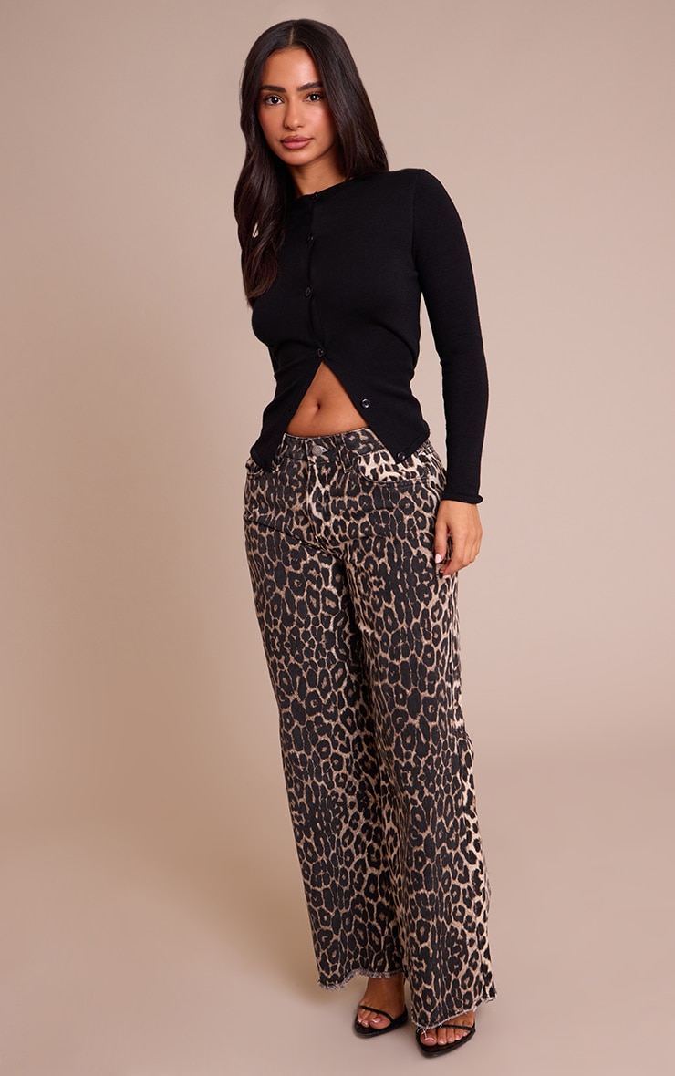 Petite Brown Leopard Print Denim Wide Leg Jeans image 1