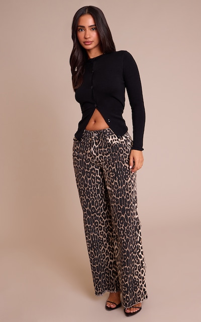 Petite Brown Leopard Print Denim Wide Leg Jeans