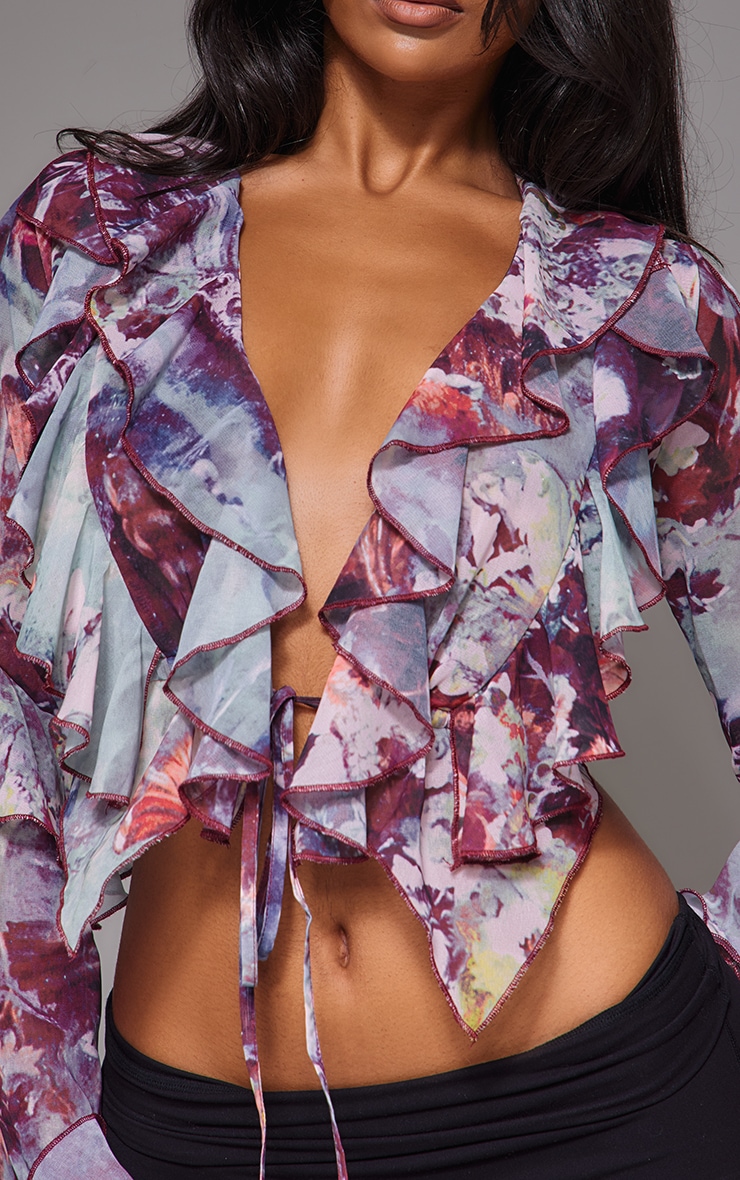 Purple Printed Sheer Woven Ruffle Tie Crop Blouse image 4