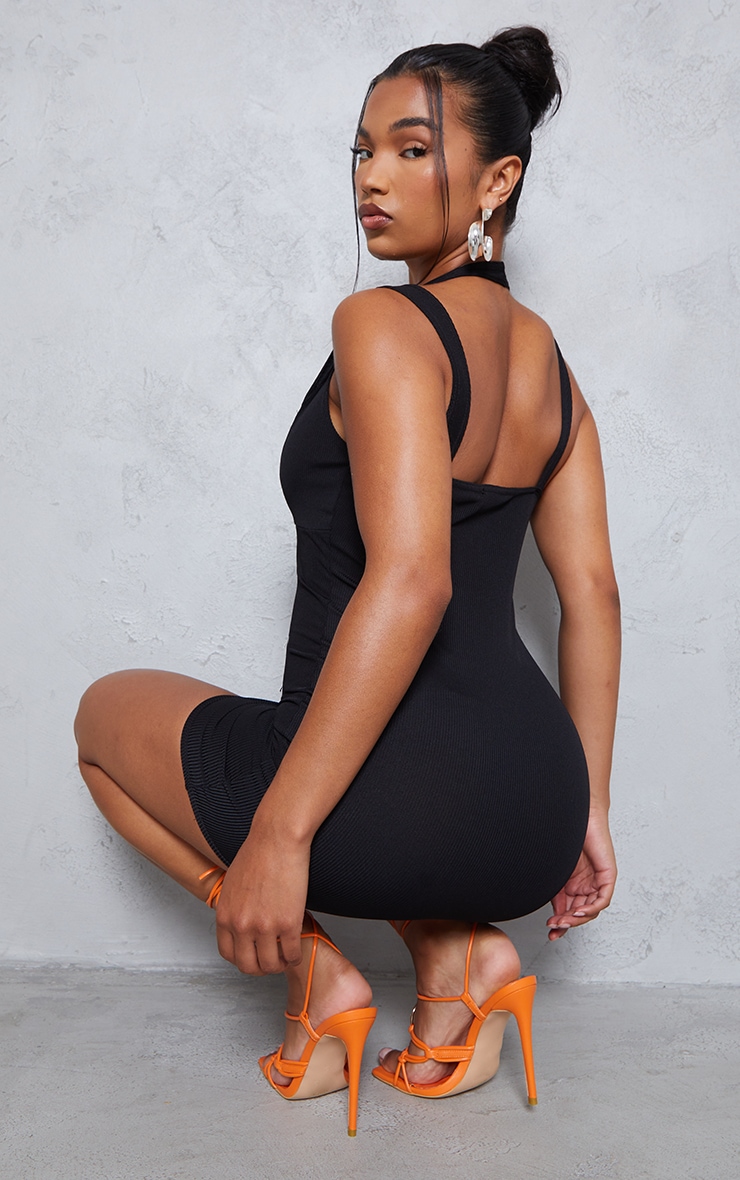 Black Ribbed Plunge Strap Detail Bodycon Dress image 2