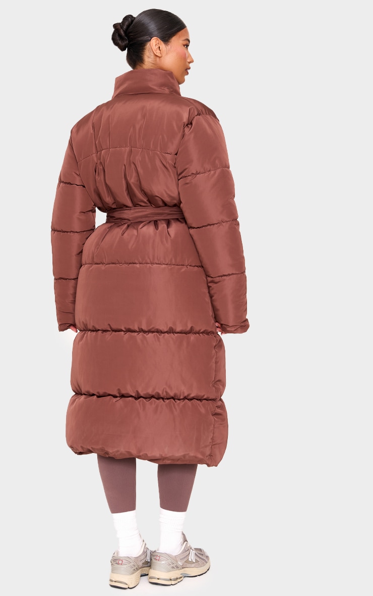 Mocha Quilted Longline Tie Waist Puffer Coat image 2