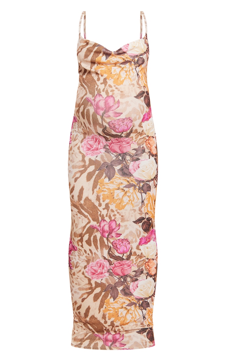 Maternity Beige Floral Printed Cowl Maxi Dress image 5