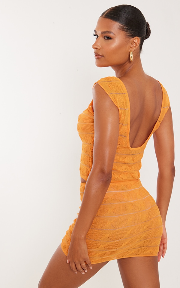 Orange Bobble Textured Sheer Knit Open Back Top PrettyLittleThing