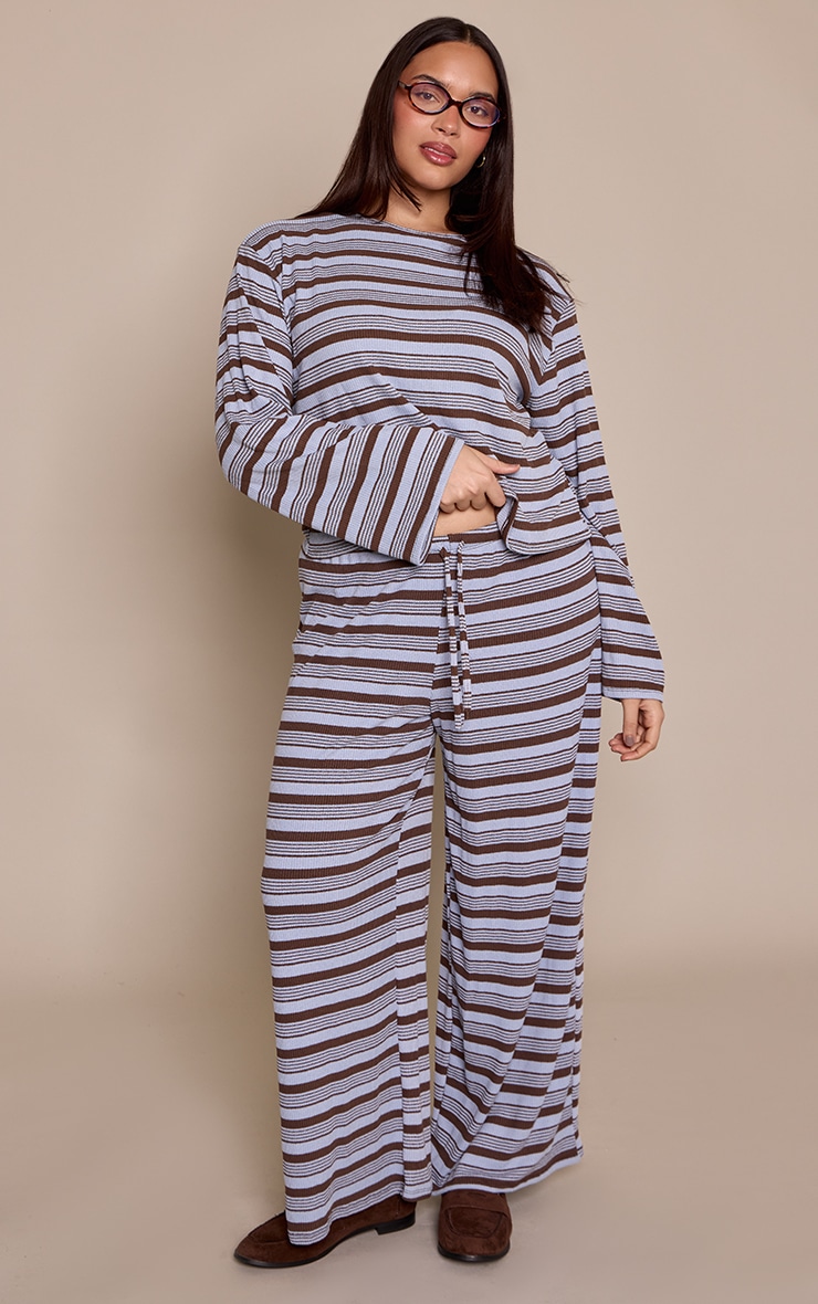 Plus Blue Textured Stripe Detail Drawstring Wide Leg Trouser image 1