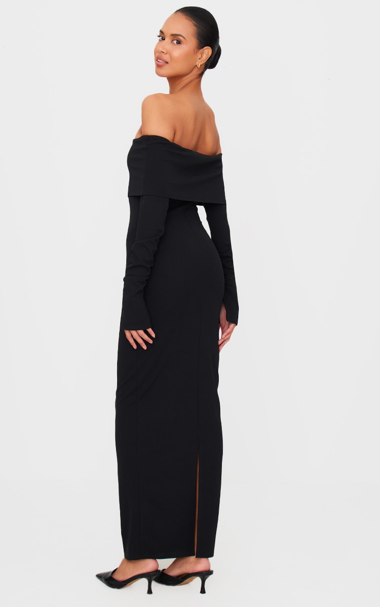 Black Crepe Long Sleeve Bardot Maxi Dress image 2