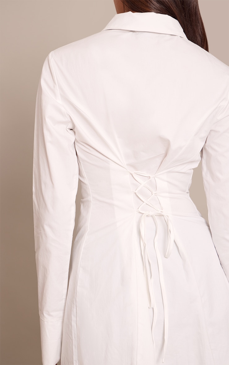 White Cotton Poplin Lace Up Back Shirt Dress image 4