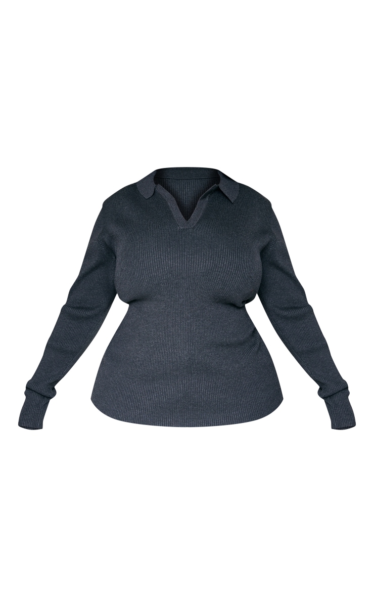 Plus Charcoal Ribbed Knitted Long Sleeve Collar Top image 5