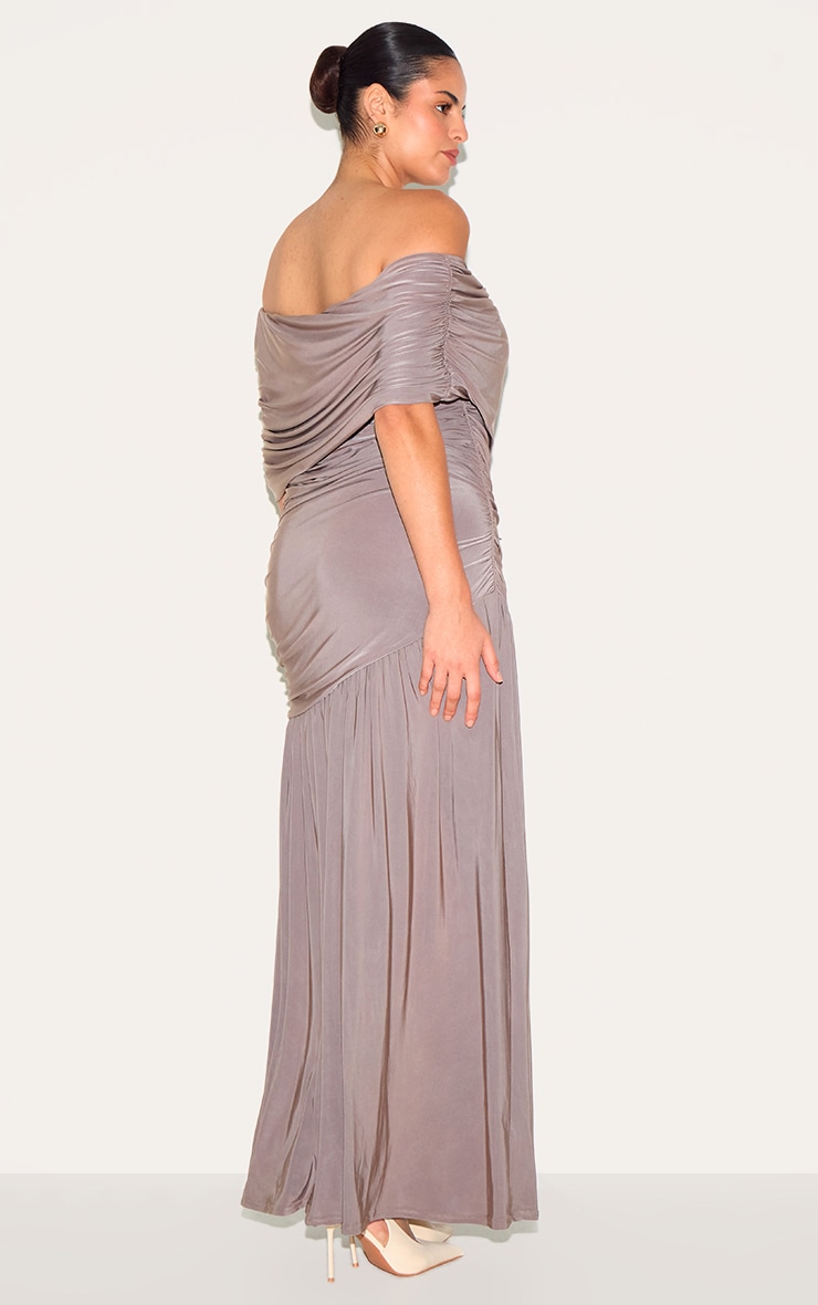 Plus Taupe Double Layer Slinky Bardot One Shoulder Ruched Maxi Dress image 2