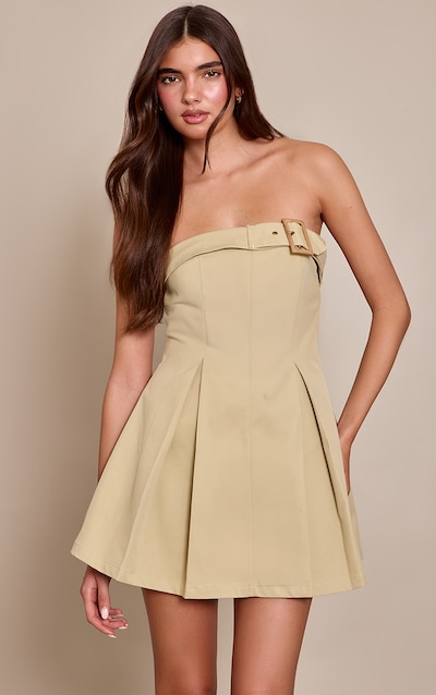 Stone Belted Bandeau Pleated Shift Dress
