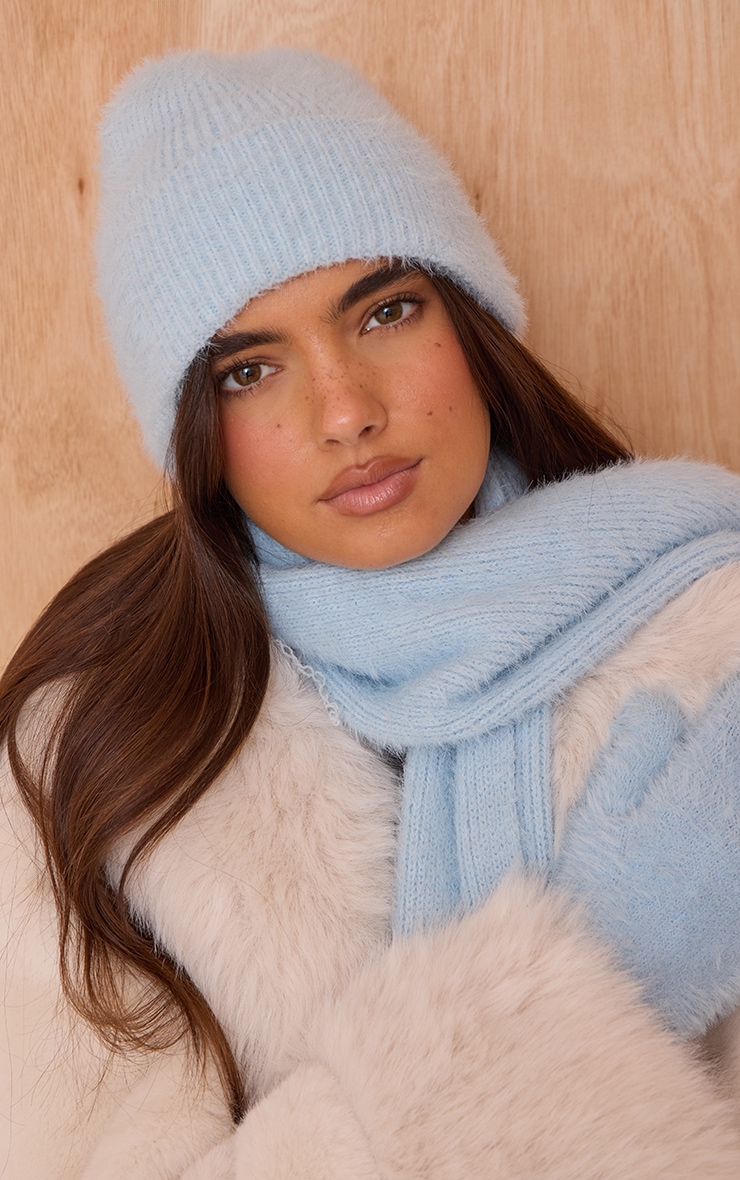 Powder Blue Brushed Knit Fold Over Beanie