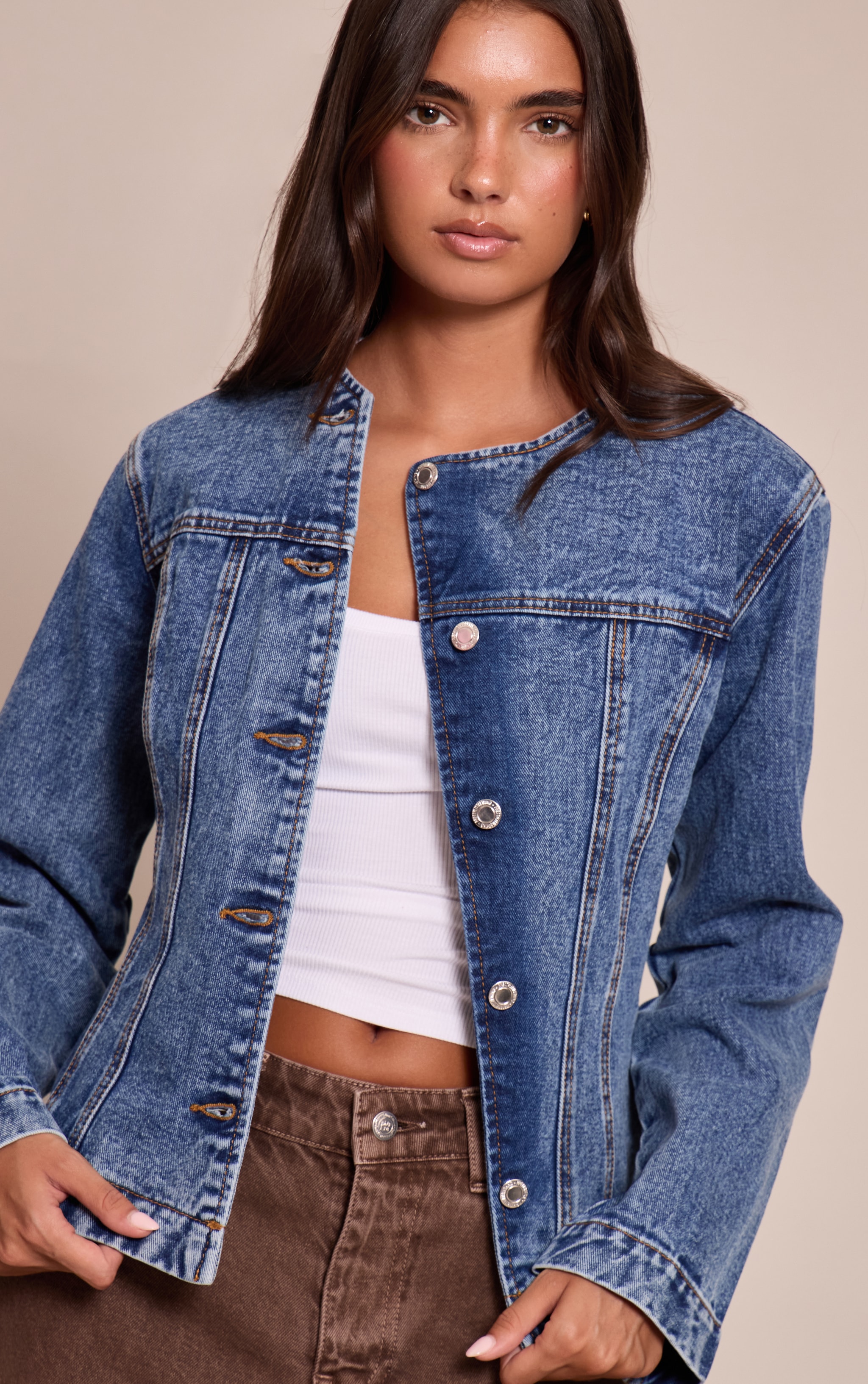 Mid Blue Wash Asymmetric Button Collarless Denim Shirt image 4