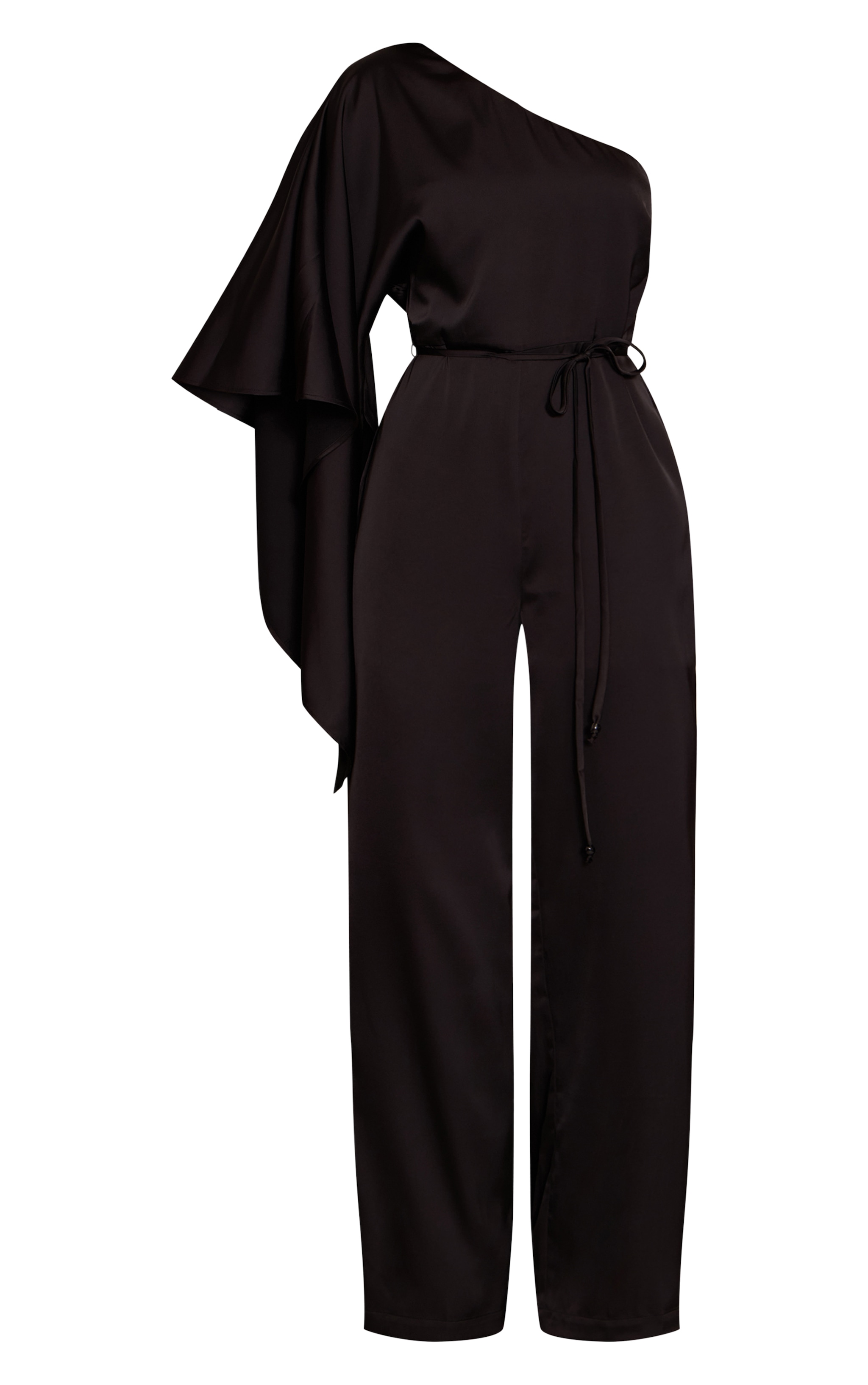 Black Satin Floaty One Shoulder Tie Waist Jumpsuit image 5