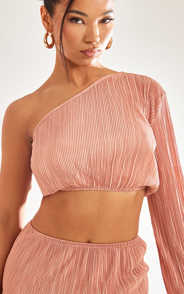 Rust Plisse One Shoulder Flared Sleeve Crop Top image 2