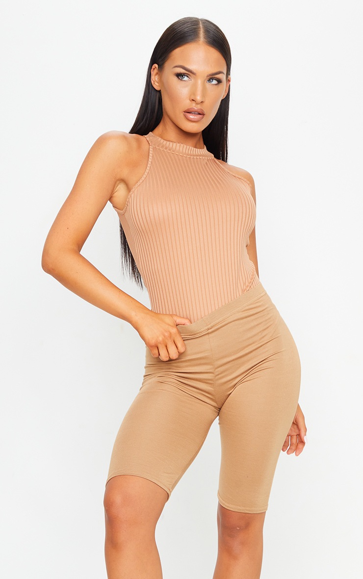 Toffee High Neck Rib Sleeveless Bodysuit