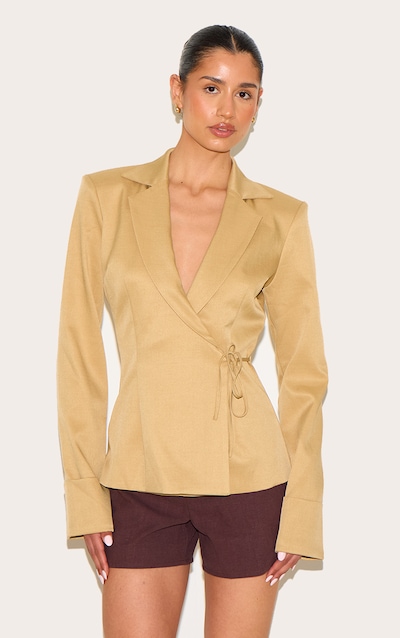 Tall Blazer taupe noué sur le côté à épaules très carrées