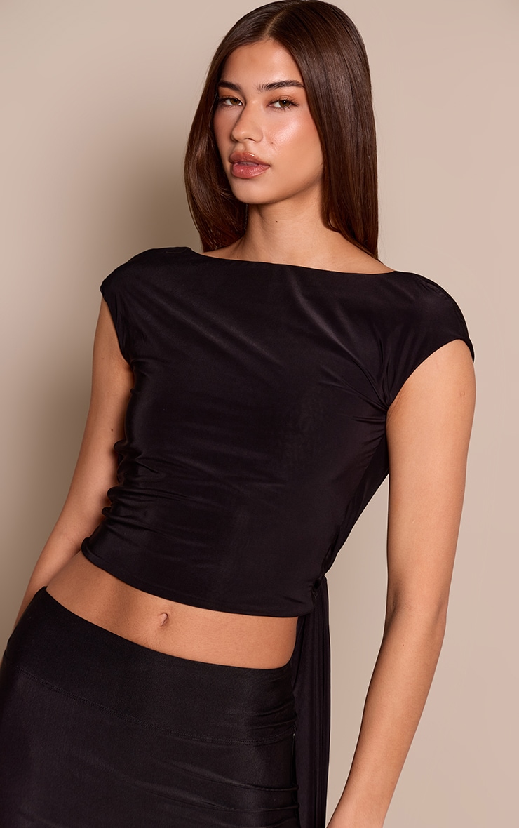 Black Slinky Draped Asymmetric Open Back Sleeveless Top image 1