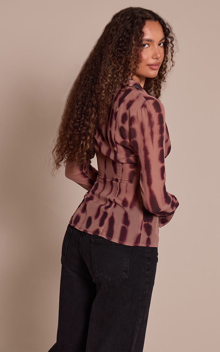 Tall Khaki Printed Mesh Button Front Blouse image 2