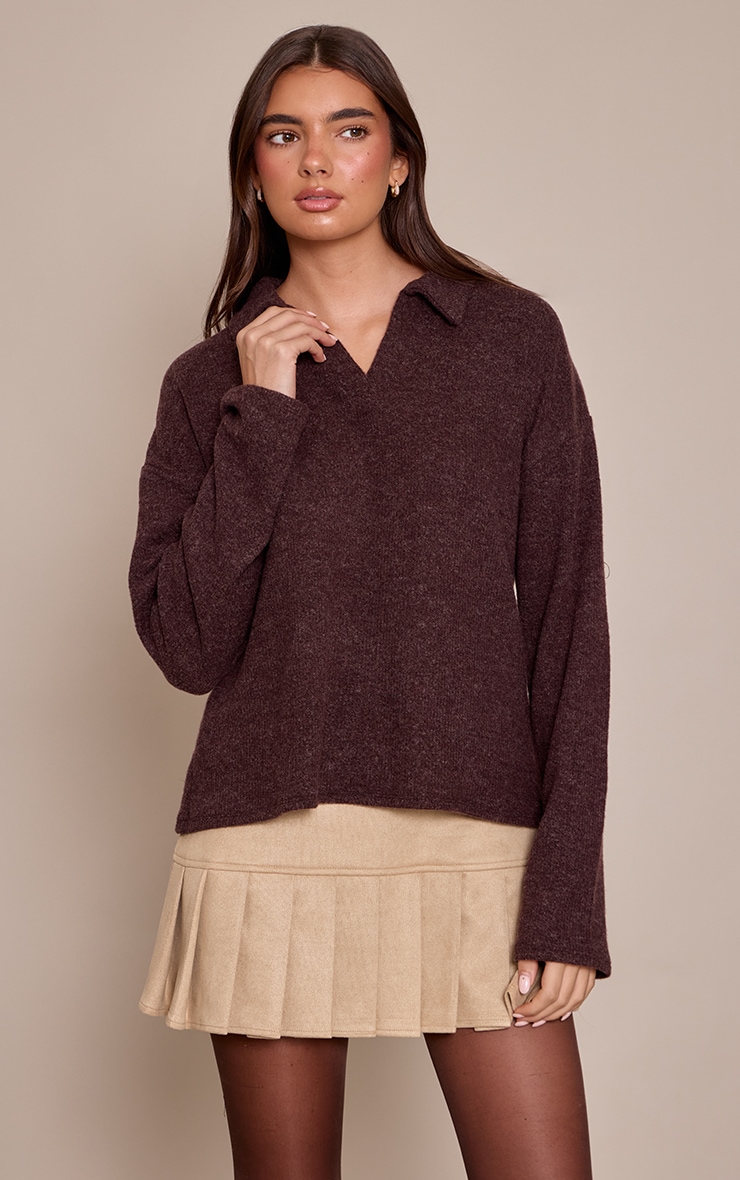Brown Wool Rib Collar Detail Long Sleeve Slouchy Top  image 1