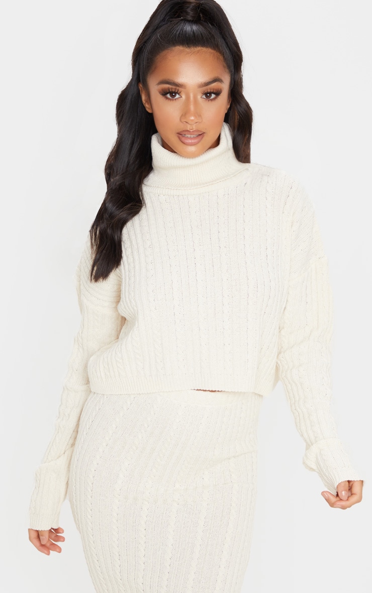 Petite Stone Roll Neck Knitted Long Sleeve Sweater