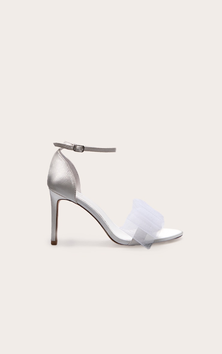 White Satin Round Toe Mesh Bow High Heeled Stiletto Sandals image 2