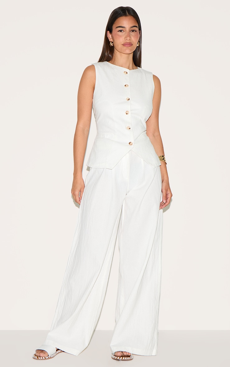 White Linen Look Wide Leg Pleated Pants image 1