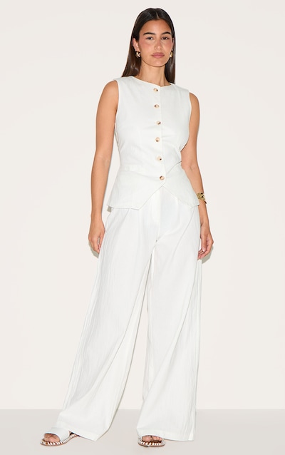 White Linen Look Wide Leg Pleated Pants