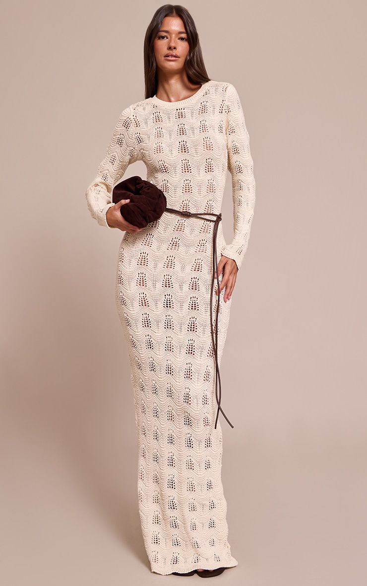 Cream Long Sleeve Backless Knitted Maxi Dress image 3