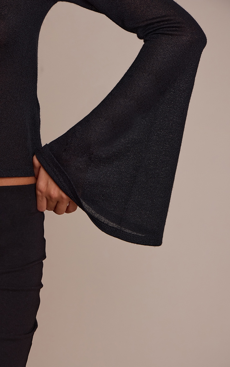 Black Textured Jersey Scoop Neck Flared Long Sleeve Top image 4