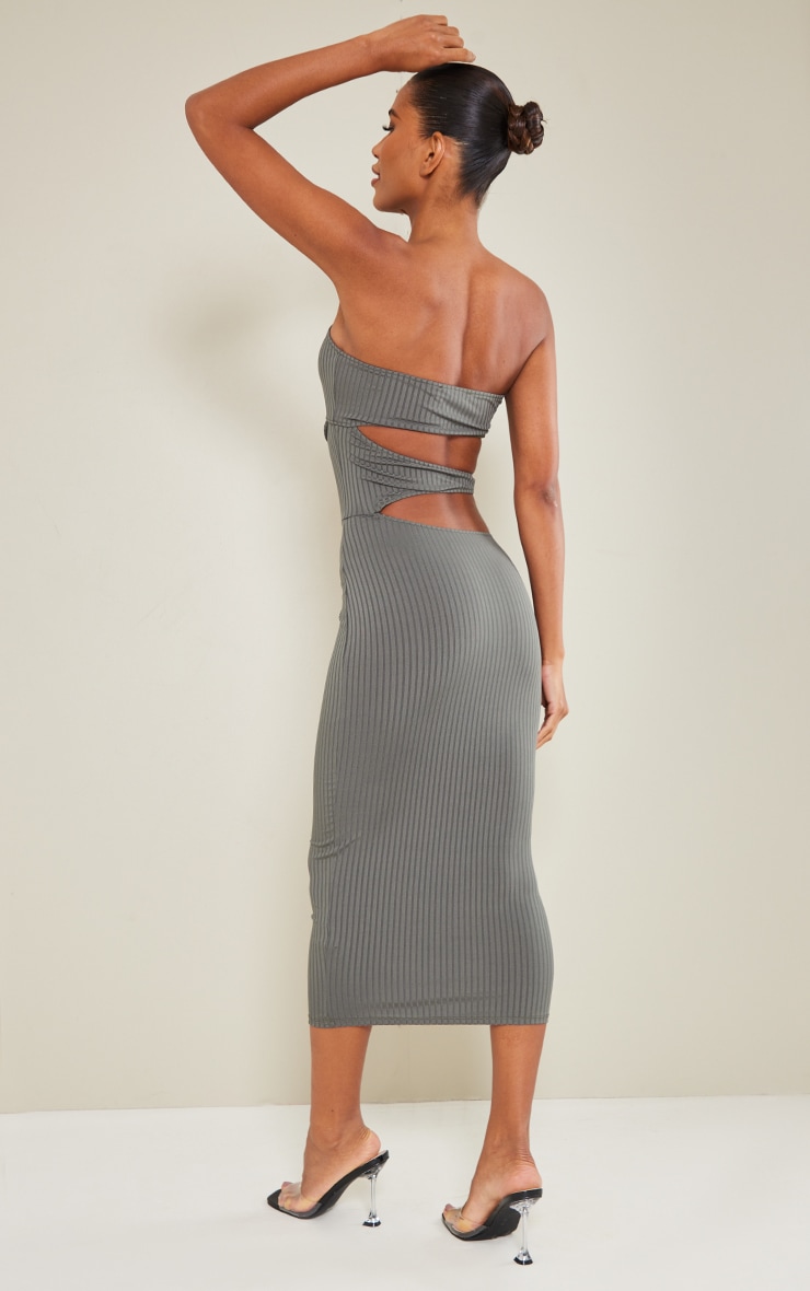 Olive Ribbed V Bar Cut Out Waist Midi Dress image 2
