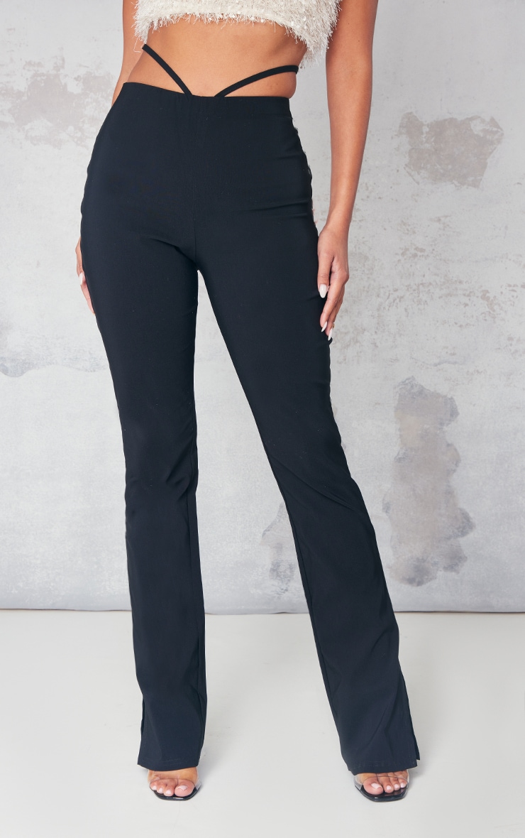 Black Stretch Woven Cut Out Split Hem Skinny Flared Trousers image 2