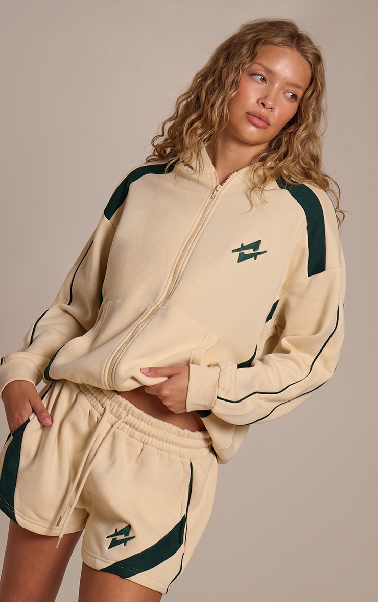 Cream Embroidered Graphic Contrast Zip Oversized Hoodie image 1