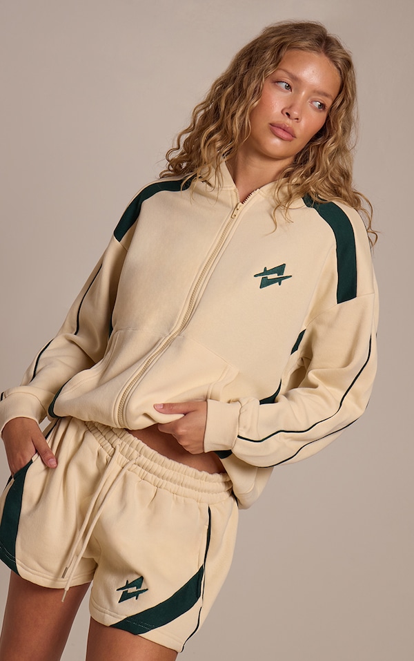 Cream Embroidered Graphic Contrast Zip Oversized Hoodie