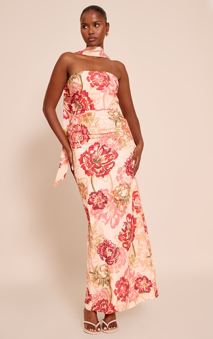 Multi Floral Print Bandeau Scarf Detail Chiffon Maxi Dress image 3