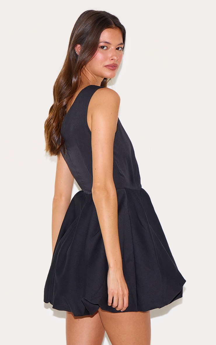 Black Tailored V Neck Puffball Mini Dress image 2