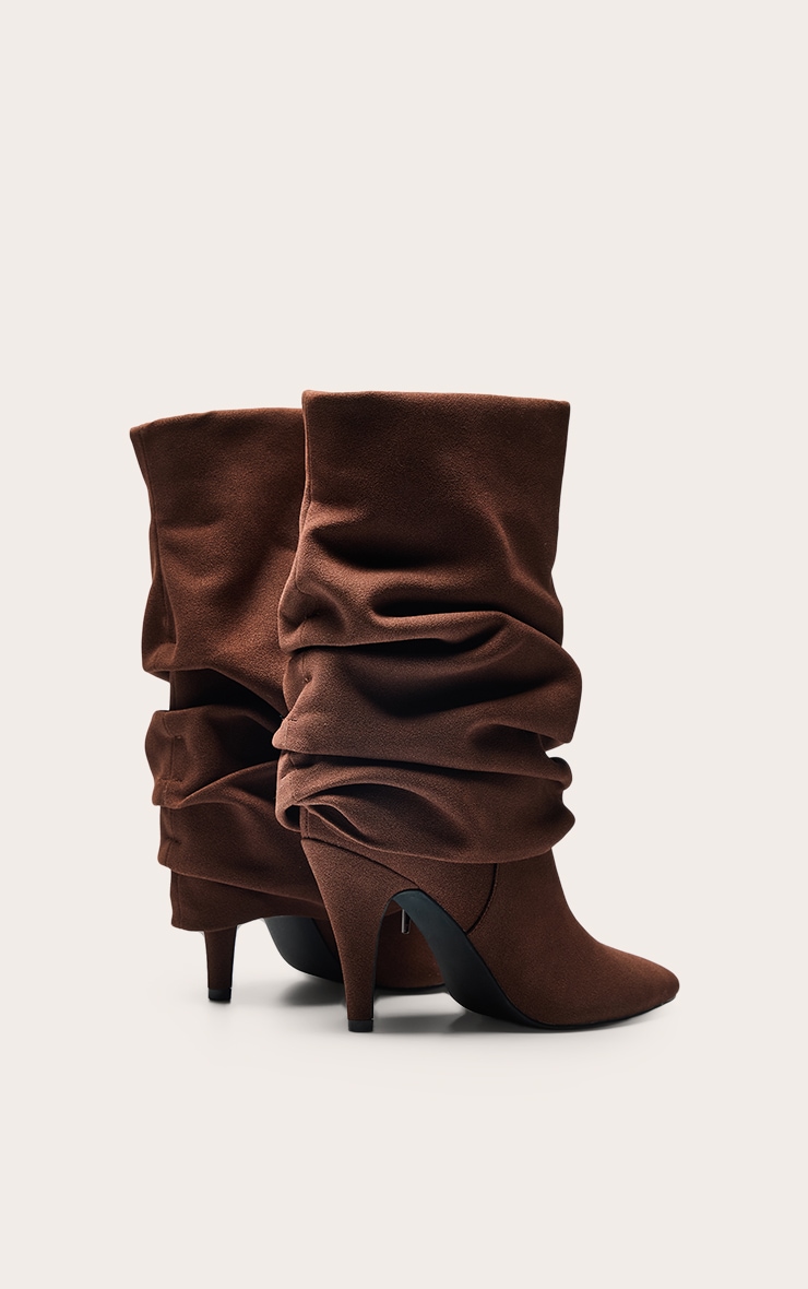 Chocolate Faux Suede Ruched Fold Over Ankle Boots image 4