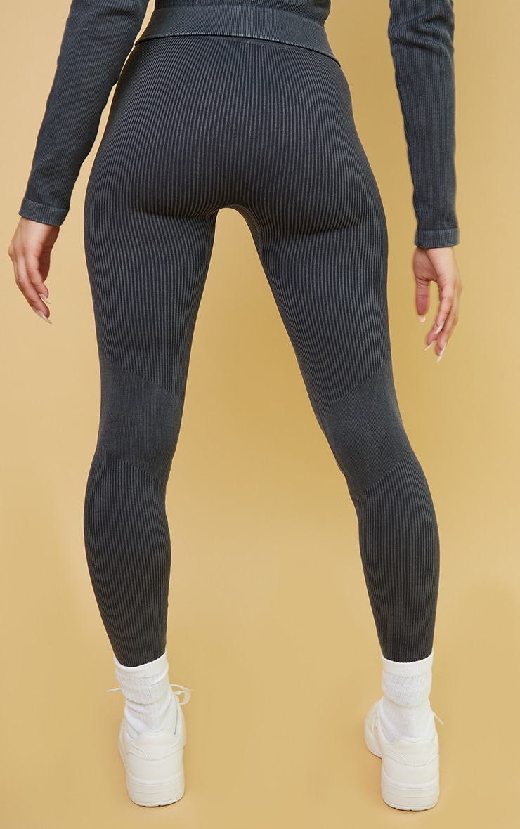 Charcoal Acid Wash Rib Seamless High Waist Gym Leggings image 3