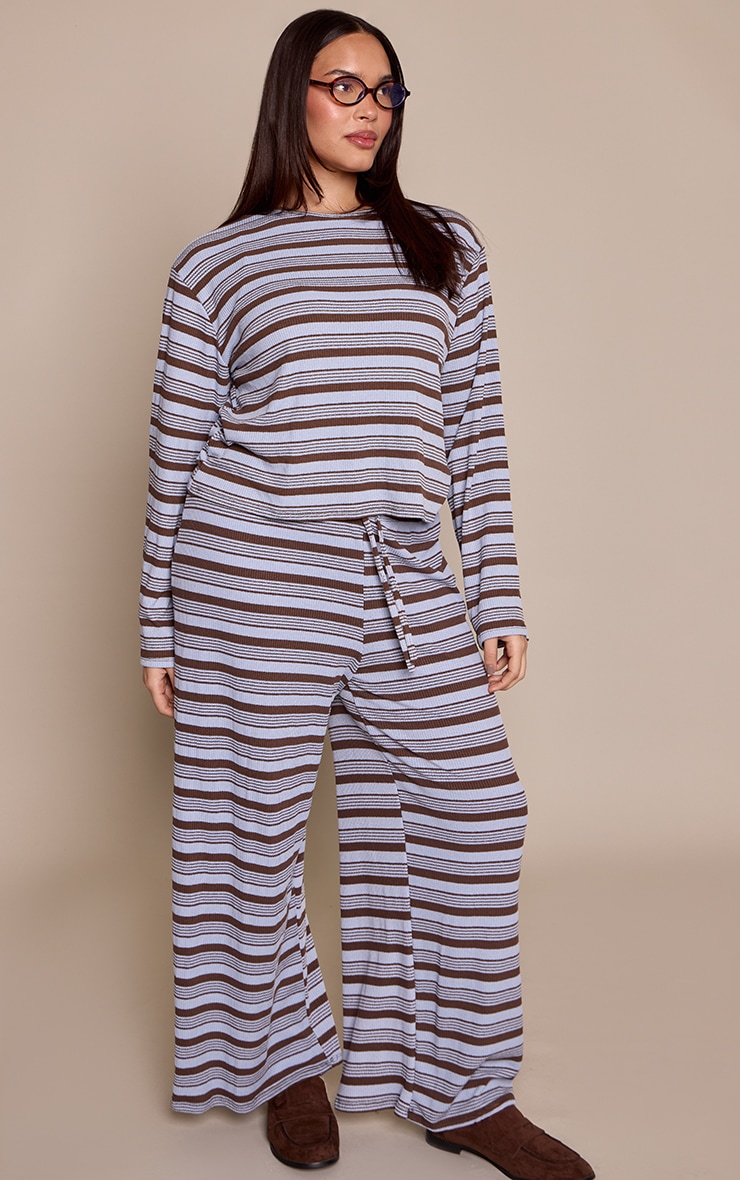 Plus Blue Textured Stripe Detail Drawstring Wide Leg Trouser image 2