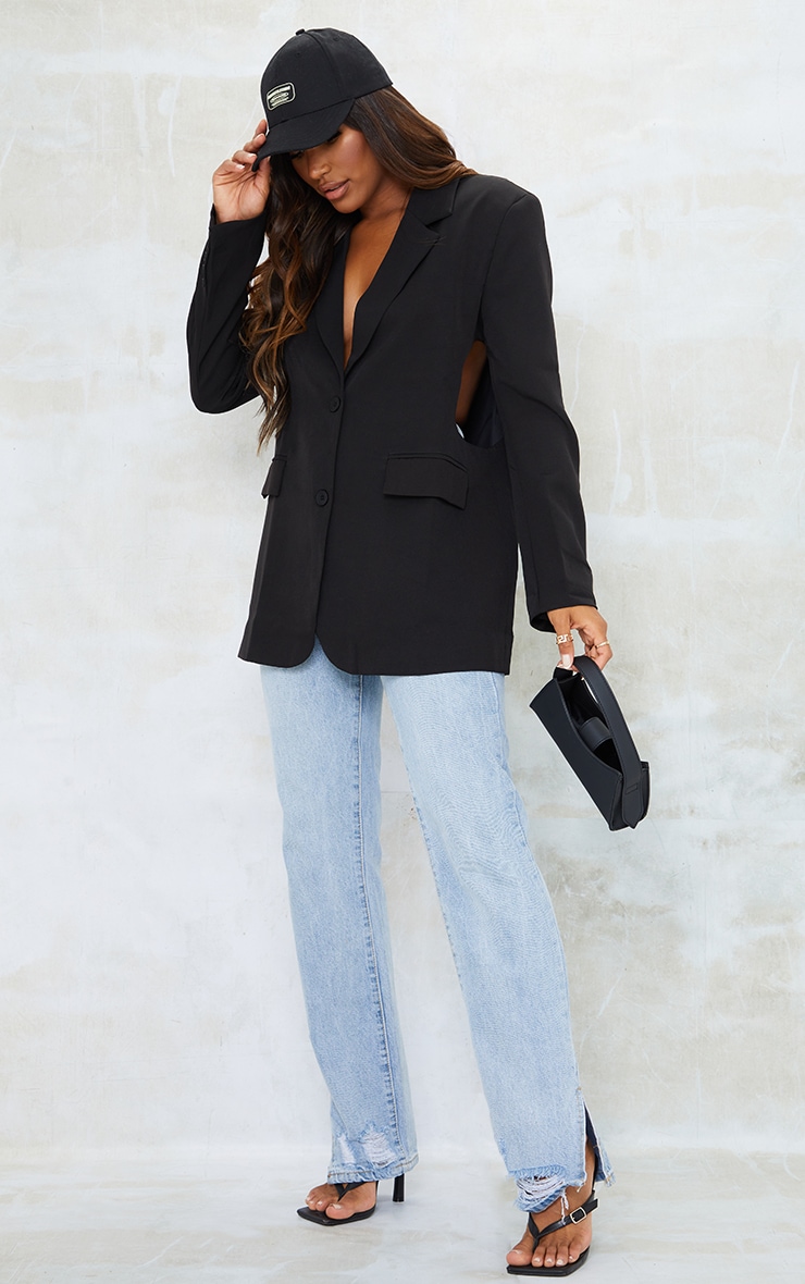 Black Woven Cut Out Oversized Blazer, Black